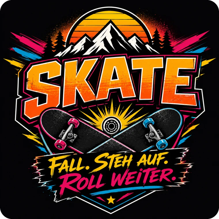 Skate Albtal Logo: Berge, gekreuzte Skateboards, Schriftzug Fall. Steh auf. Roll weiter.